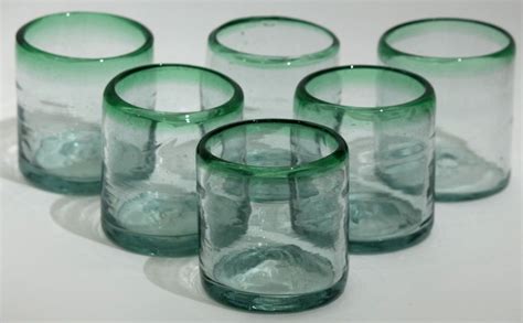 Mexican Rocks Glasses Green Rim Clear Blue Tint Hand Blown Set Of 6 Original Mexican
