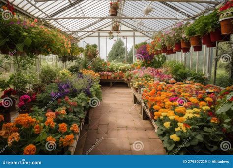 Greenhouse Filled With Colorful Blooms And Greenery Stock Illustration