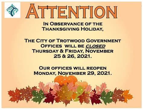 Thanksgiving Holiday Notice Trotwood Ohio