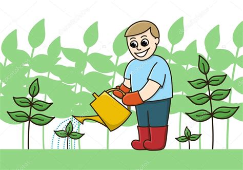 Un Jardinero Regando Plantas Con Una Regadera Vector Gráfico Vectorial