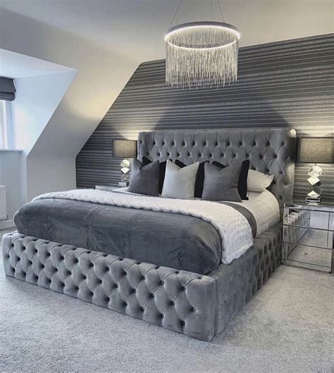 All Grey And Silver Glamorous Bedroom Decor With All Tufted Bed In Grey