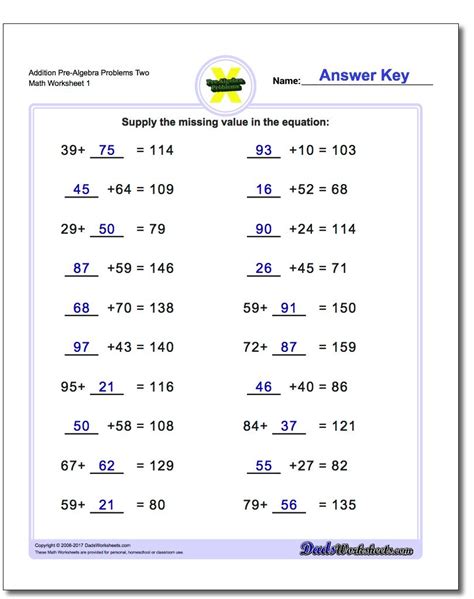 Students discover the important abilities of addition through practice, observation, and games. Addition Pre-Algebra Worksheets