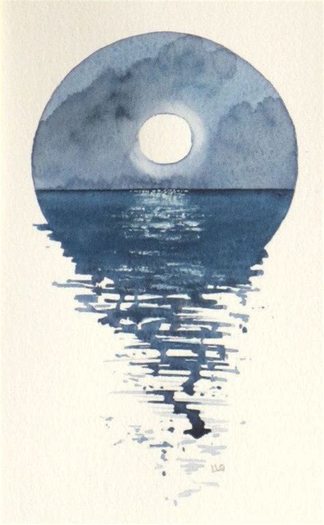 A Watercolor Painting Of A Full Moon Rising Over The Ocean With