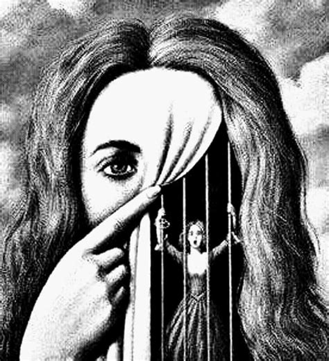 a pencil drawing of a woman with long hair holding her face in front of a cage
