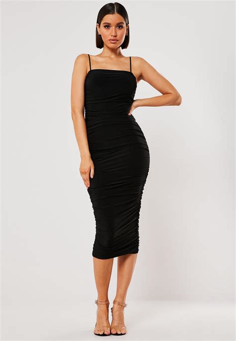 Black Slinky Ruched Cami Bodycon Midi Dress Missguided
