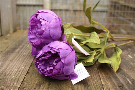 3 x rich purple silk peony flowers 8cm heads on long wired etsy