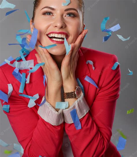 Premium Photo Portreit Beautiful Happy Woman At Celebration Party With Confetti Birthday Or