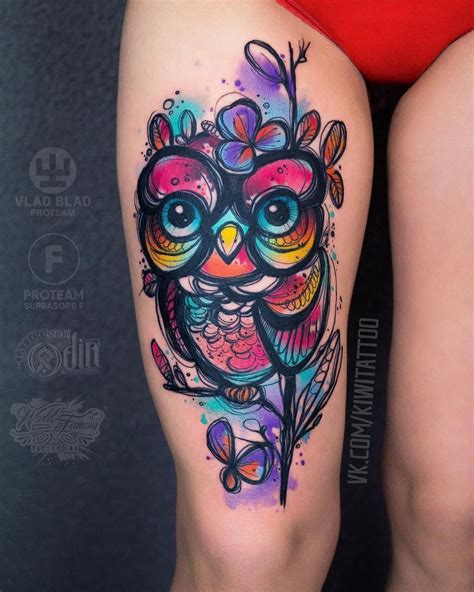 Colorful Owl Tattoo By ©vika Kiwitattoo Tattoos For Women Owl Tattoo Design Trendy Tattoos