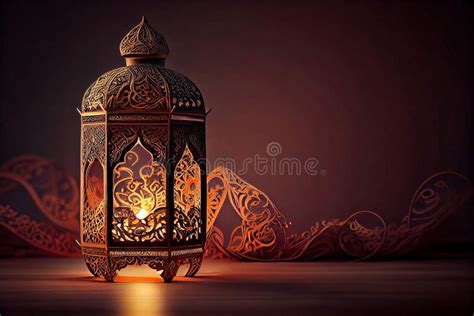 Ornamental Arabic Lantern With Burning Candle Glowing At Night Muslim