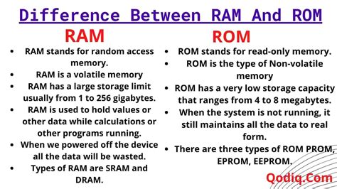 The main one is that ram stores memory for a short period of time and when the system is shut down the data is lost. RAM Vs ROM. Difference Between RAM And ROM. - Comparison ...