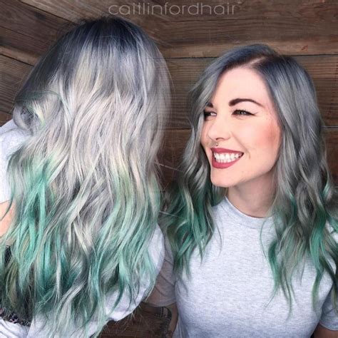 Silver Gray Hair With Mint Balayage Green Hair Ombre Pastel Green Hair Green Wig Teal Hair
