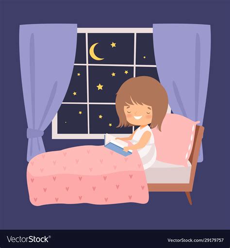 Cute Smiling Little Girl Reading A Book In Bed Vector Image