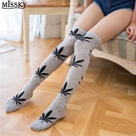 Missky Women Sexy Thigh High Over Knee Socks With Maple Leaf Printing Floral Tube Stockings In