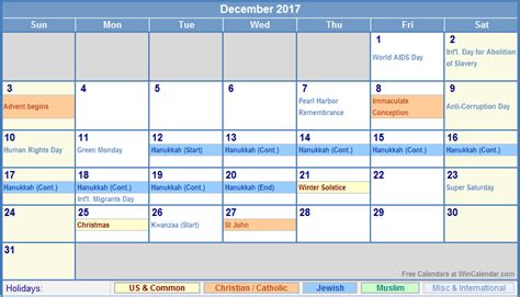 December 2017 Us Calendar With Holidays For Printing Image Format