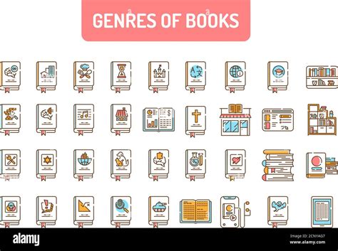 Genres Of Books Color Line Icons Set Collection Of All Genres In