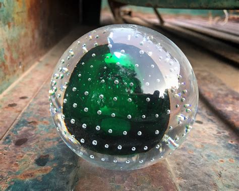 Vintage Controlled Bubbles Art Glass Paperweight Orb Green Center