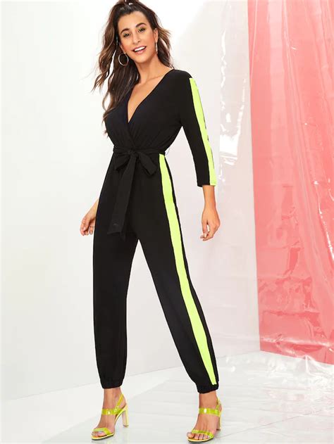 neon lime striped side surplice neck belted jumpsuit shein belt jumpsuit jumpsuit fashion
