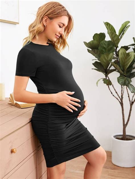 Maternity Solid Ruched Dress Shein Usa Ruched Dress Dresses