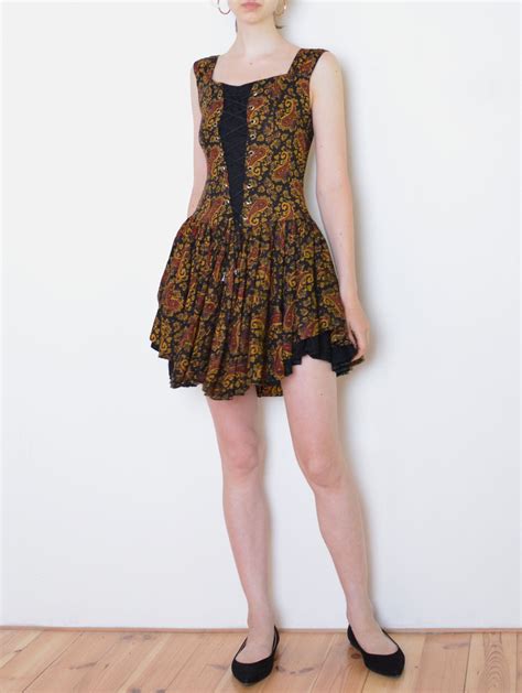 90s Corset Dress Baroque Print Flared Mini Dress Retro Etsy Flare