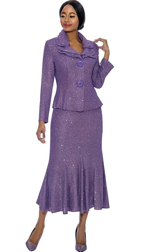 Terramina 7723 Purple Flared Skirt Suit With Layered Collar Womens