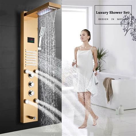 Senlesen Brushed Gold Shower Panel Tower Led Rainandwaterfall Massage