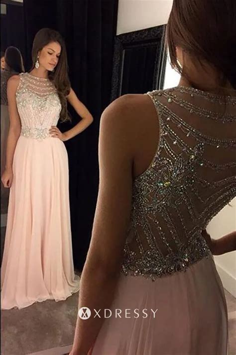 Diamonds Beads Nude Pink Chiffon A Line Prom Dress Xdressy