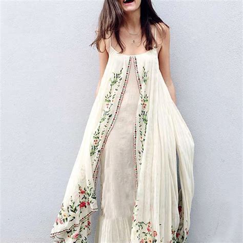 Summer Bohemian Maxi Dress Floral Embroidered Women Dresses Ruffle