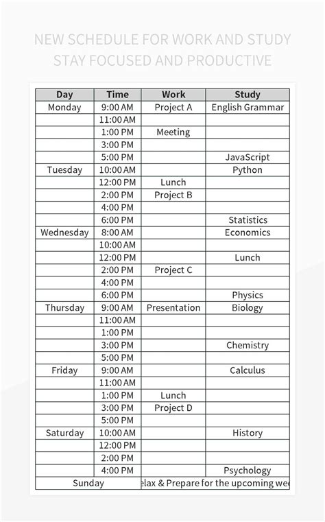 New Schedule For Work And Study Stay Focused And Productive Excel