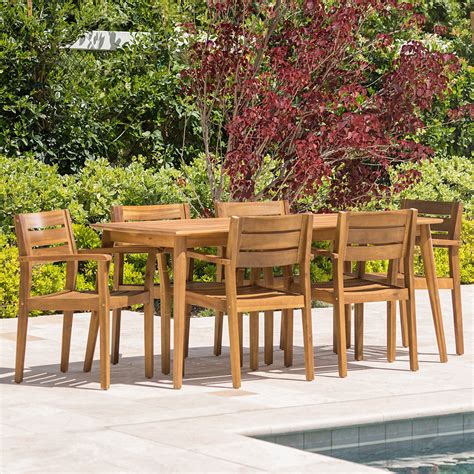 Stanford Outdoor Teak Finish Acacia Wood 7 Piece Dining Set Gdfstudio