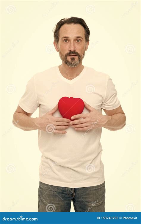 Greeting From Sincere Heart Man Bearded Hipster Hold Heart Celebrate Valentines Day Imagem De