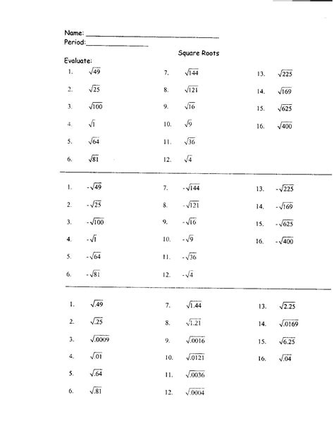 Square Root Worksheets 8th Grade