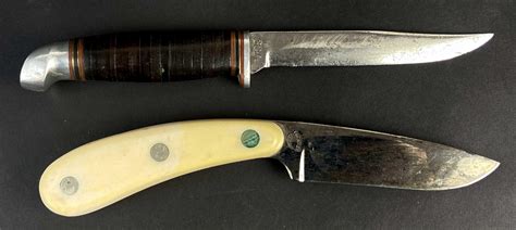 Lot 2 Vintage Hunting Knives W Leather Sheaths