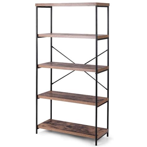 Industrial Metal Wood 5 Tier Bookcase Storage Rack Book Shelf Wood