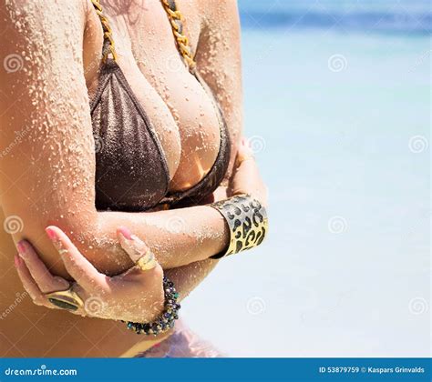 Kvinna Med Stora Bröst I Bikini Fotografering för Bildbyråer Bild av guld attraktiv
