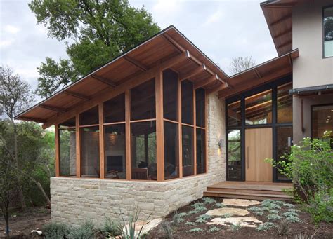 Angled Roof Screened Porch On Stone Base House With Porch Screened