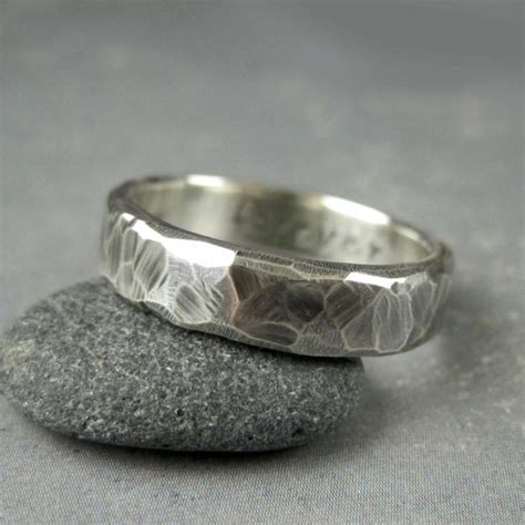 Rough Hewn Mens Wedding Band 5 Or 6mm Custom Engraved Hammered Silver Ring Metalsmith Ring