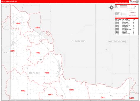 Mcclain County Ok Zip Code Wall Map Red Line Style By Marketmaps