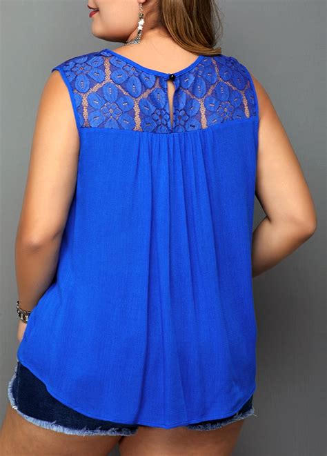 Plus Size Lace Patchwork Royal Blue Blouse Usd 27 06 Dress Shirts For Women