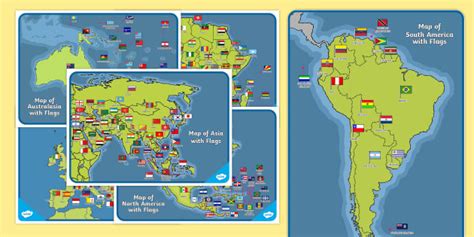 Maps Of Continents With Flags Display Posters