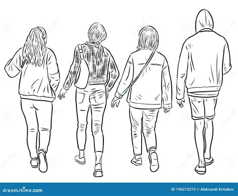 Desenho De Contorno De Estudantes Amigos Andando Ao Ar Livre Juntos