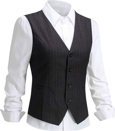 Foucome Womens Pinstripe Formal Casual Suit Slim Fit Button Down Vest Waistcoat Dark Grey