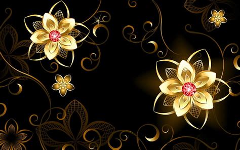 Hd Wallpaper Gold Flowers Abstraction Black And Gold Flower Printed