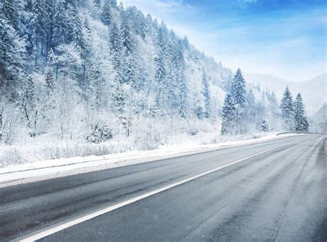 Snowy Country Road With Car On Winter Day Closeup Stock Image Image