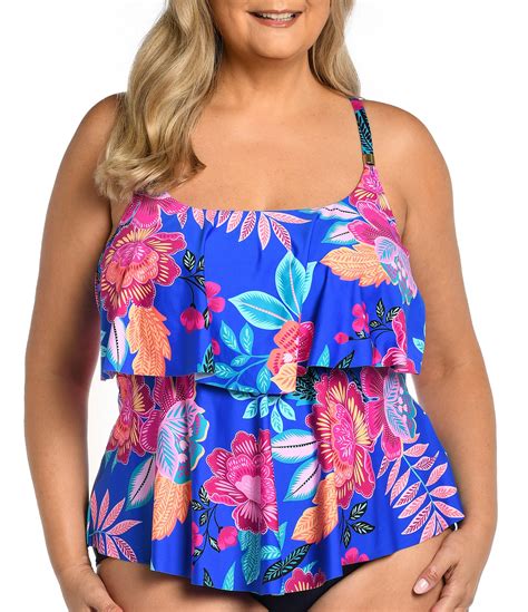 24th and ocean plus size luminous blossom tropical floral print scoop neck tiered tankini swim top