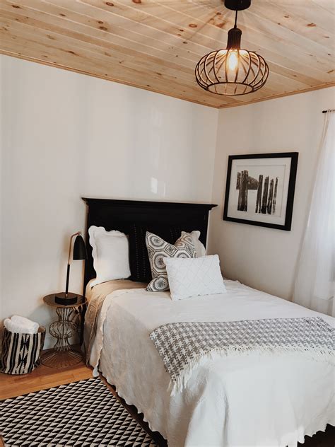 Beadboard on the ceiling of my master bedroom! modern coastal guest bedroom | white and black bedroom ...