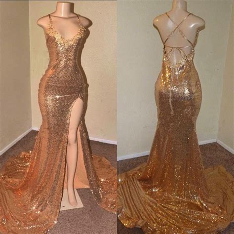 Sexy Gold Sequin Spaghetti Straps Slit Prom Dresses530 On Storenvy