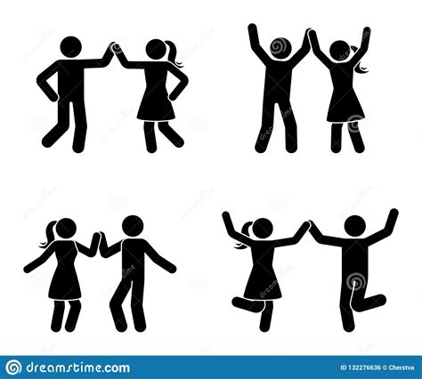 Happy Man And Woman Stick Figure Dancing Together Black