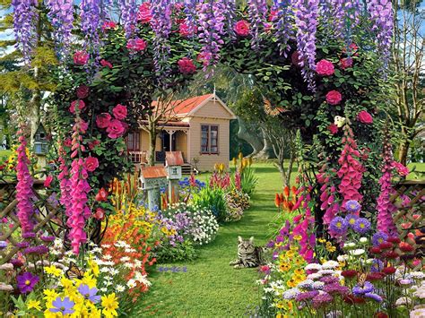 Flower Garden With Cottage Wallpapers Wallpaper Cave