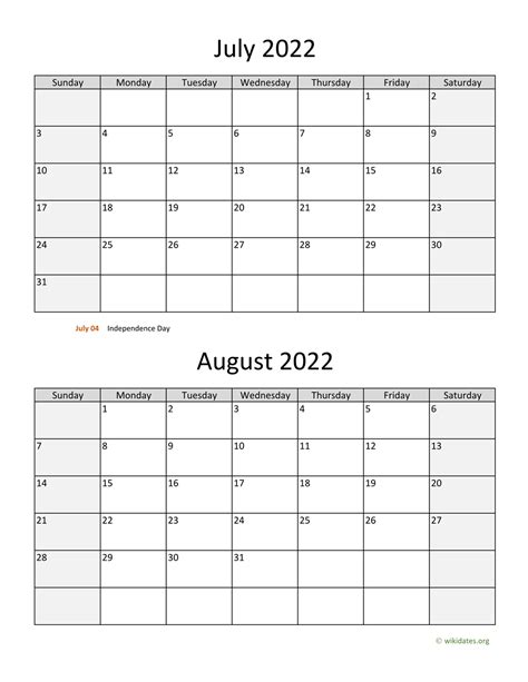 July And August 2022 Calendar