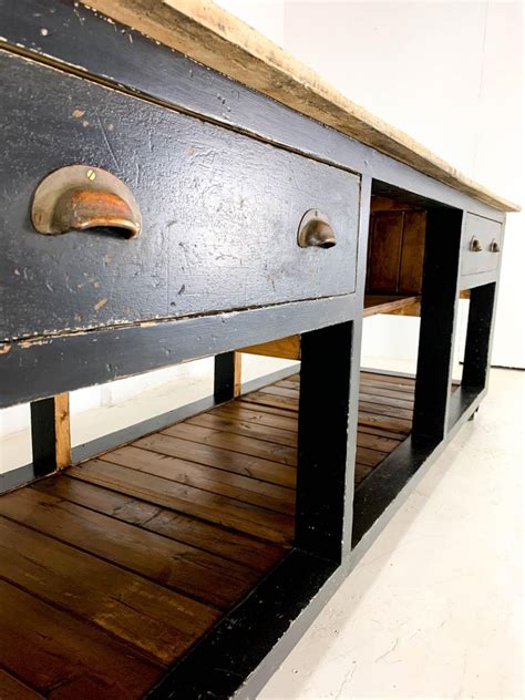 2 cabinet doors open to storage with adjustable shelf inside; Vintage Industrial Workbench Pine Baker's Table Kitchen ...